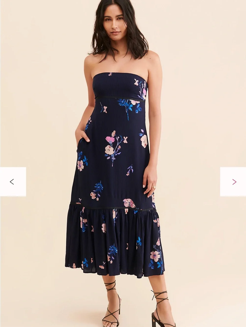 Free People Rosie Posie Navy Floral Strapless Midi Dress Large